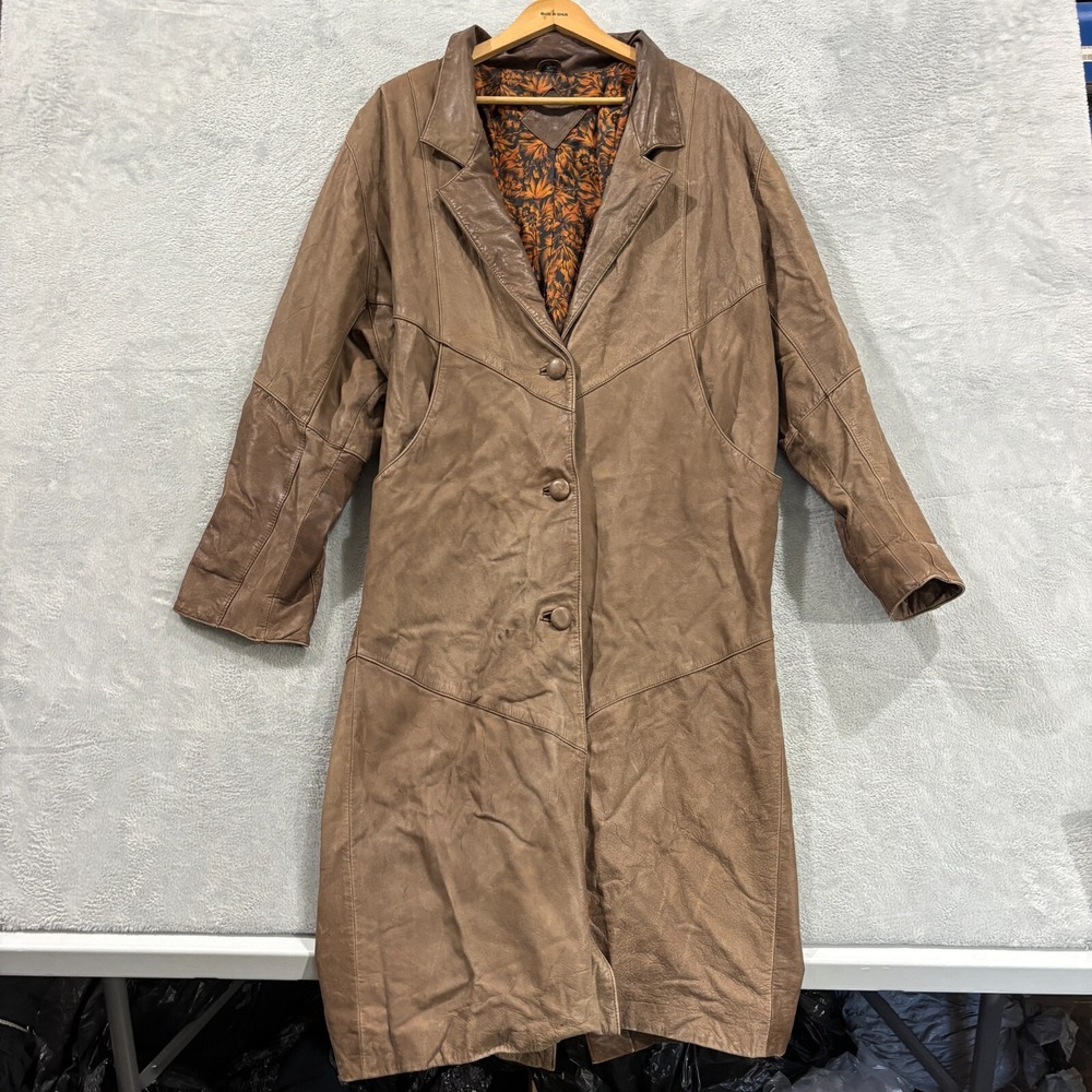 J Ferrari‎ Leather Trench Coat Jacket Mens Medium Brown Buttons Pockets VTG